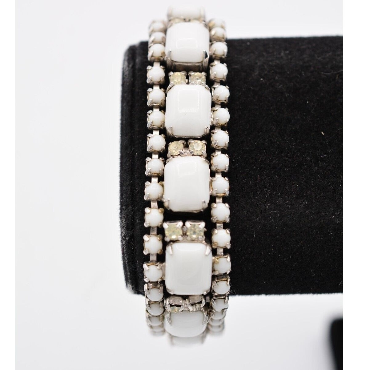 Vintage Cabochon Bracelet White Beaded Baguette Rhinestone Silver Crystal Bino
